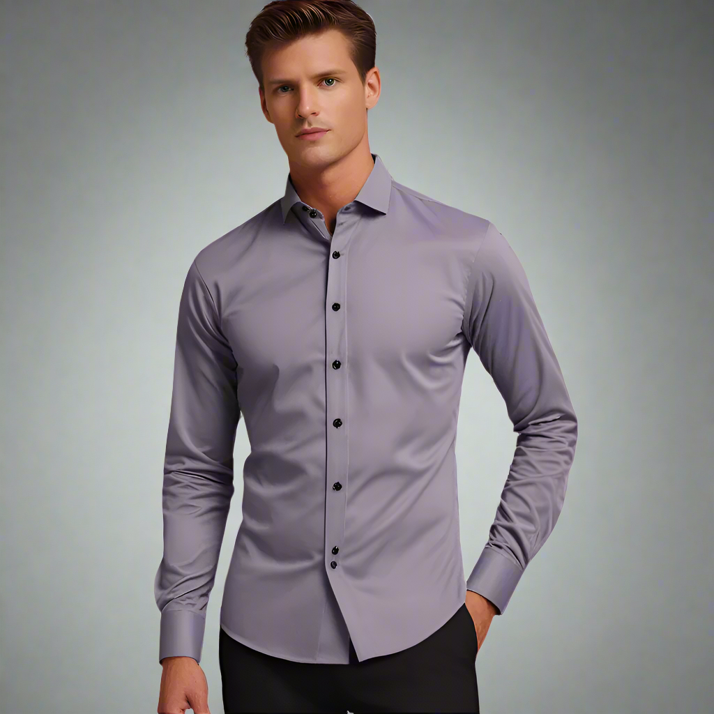 Grijze herenoverhemd met lange mouwen, knoopsluiting en klassieke kraag. Stijlvolle zakelijke kleding voor mannen. Perfect voor formele gelegenheden.