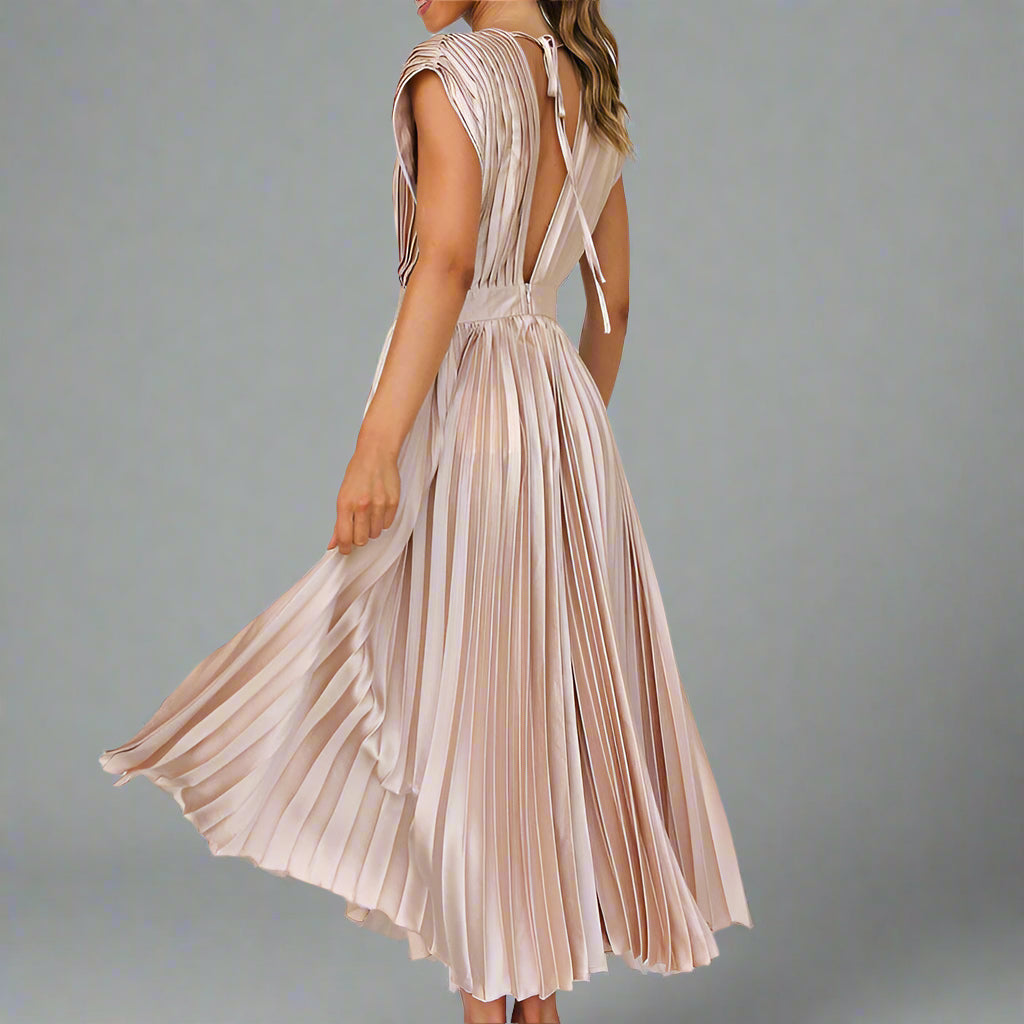 Women's Elegant Pleated Midi Dress | V Neck Sleeveless