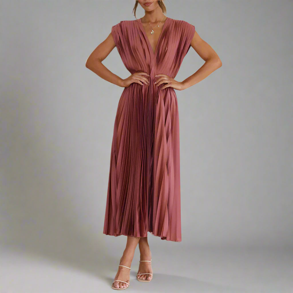 Women's Elegant Pleated Midi Dress | V Neck Sleeveless