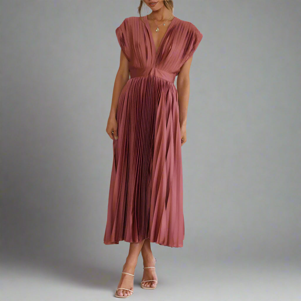 Women's Elegant Pleated Midi Dress | V Neck Sleeveless