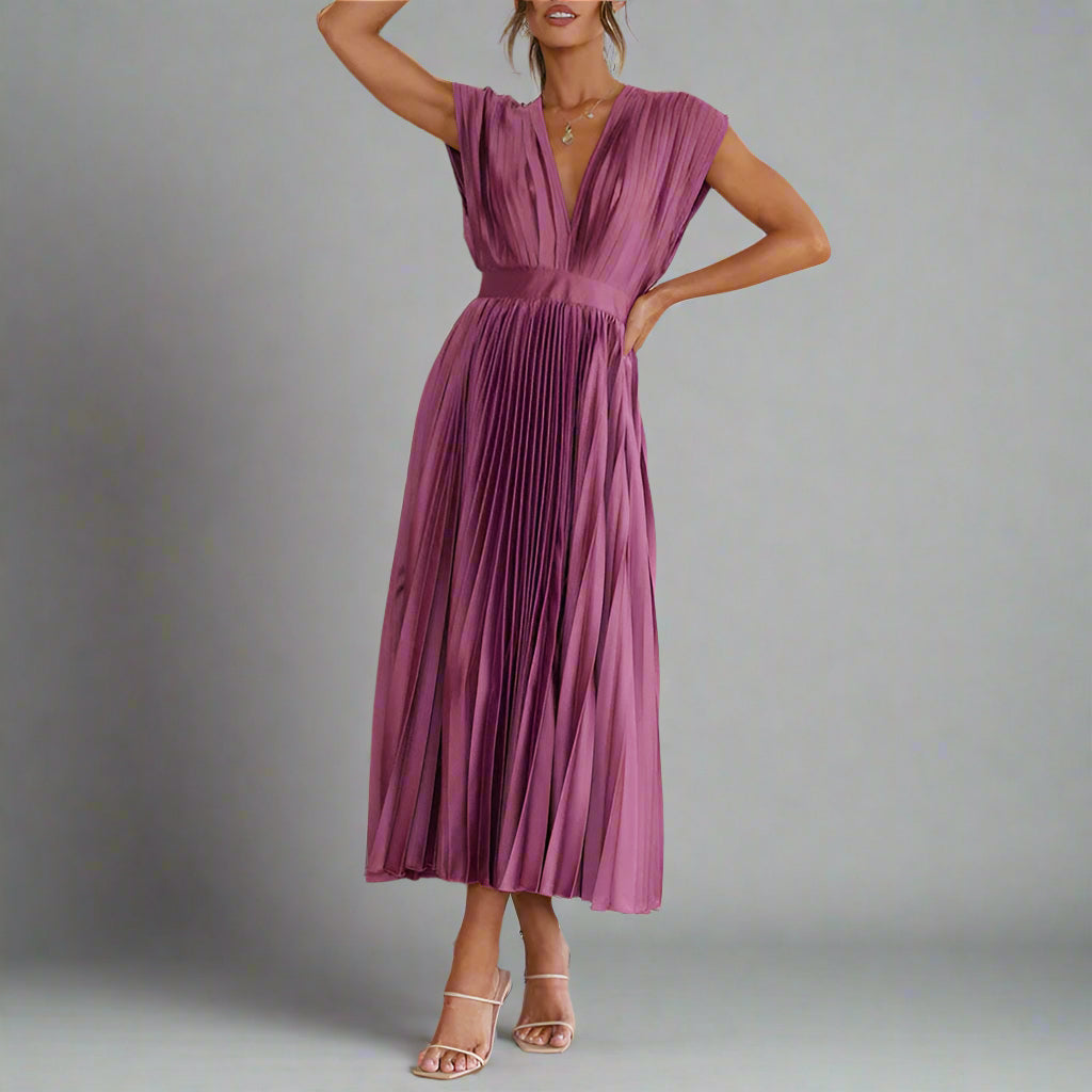 Women's Elegant Pleated Midi Dress | V Neck Sleeveless