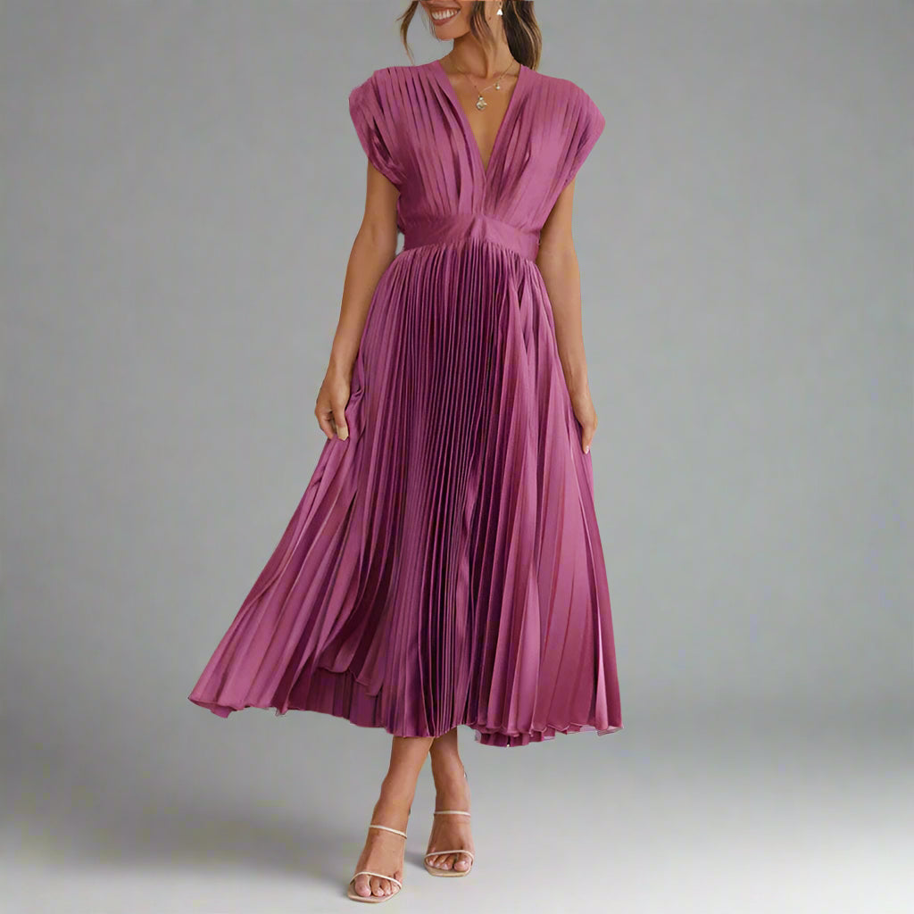 Women's Elegant Pleated Midi Dress | V Neck Sleeveless