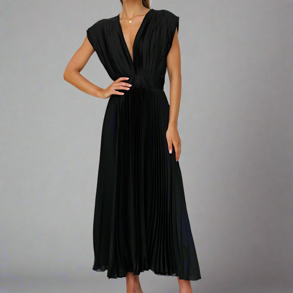 Women's Elegant Pleated Midi Dress | V Neck Sleeveless