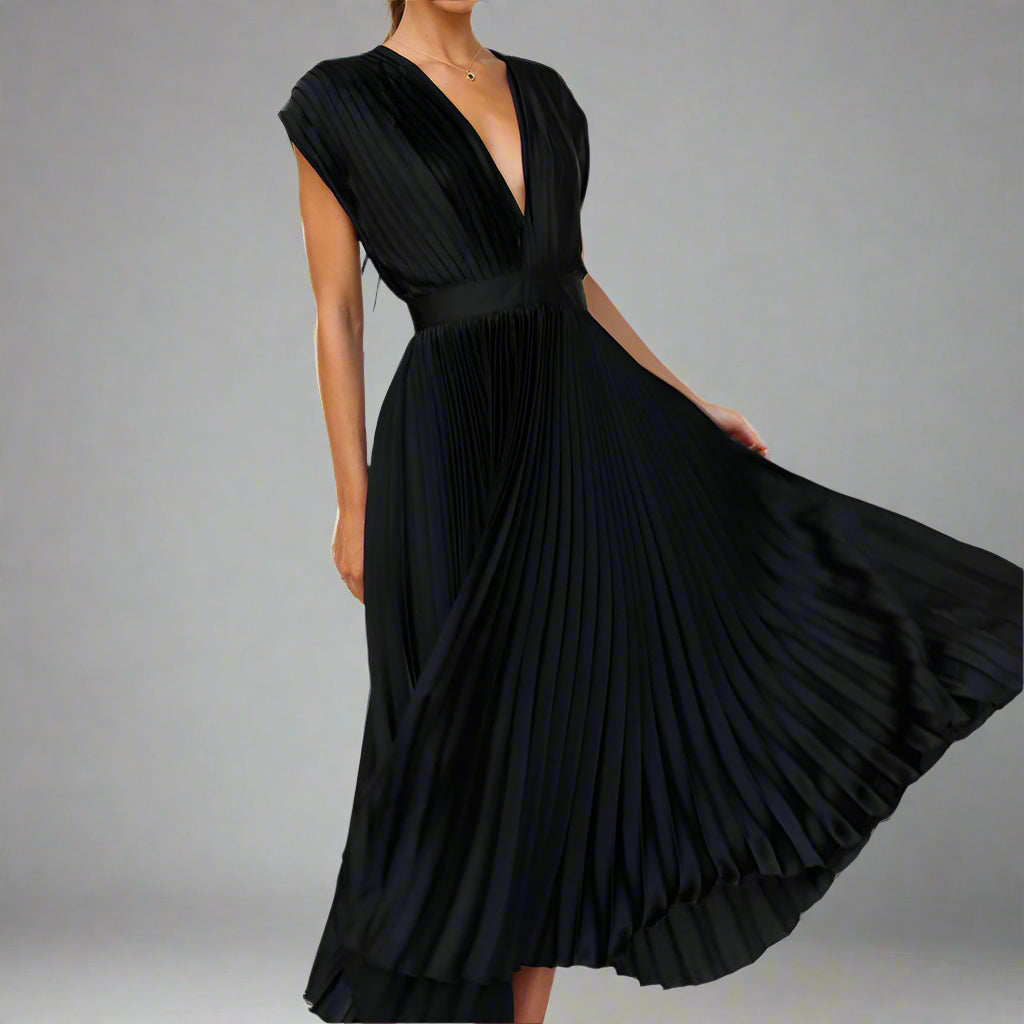 Women's Elegant Pleated Midi Dress | V Neck Sleeveless
