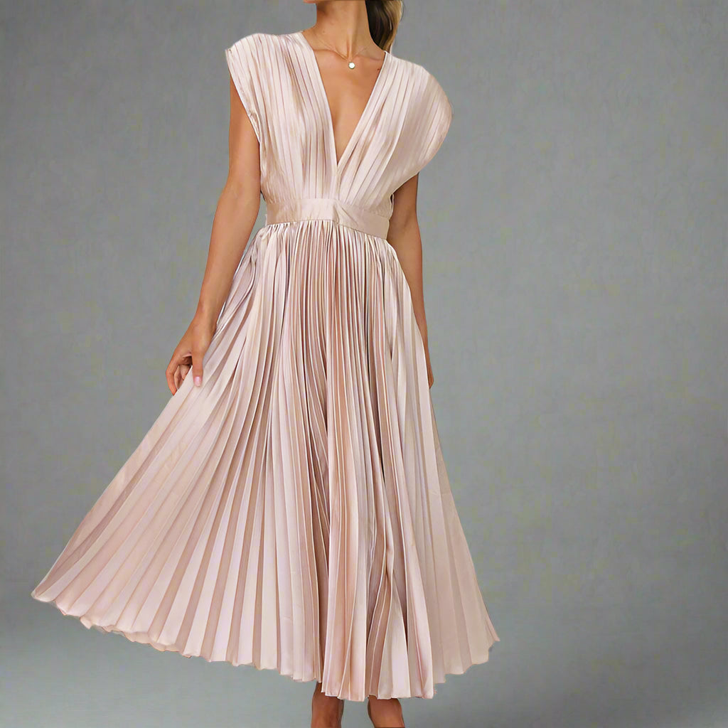 Women's Elegant Pleated Midi Dress | V Neck Sleeveless