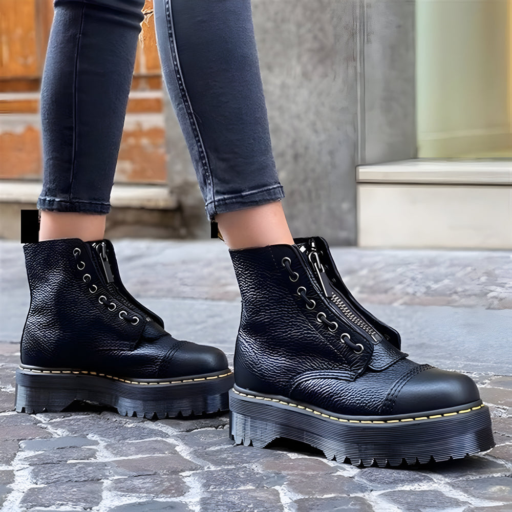 Women Platform Ankle Boots - Chunky Combat Zipper