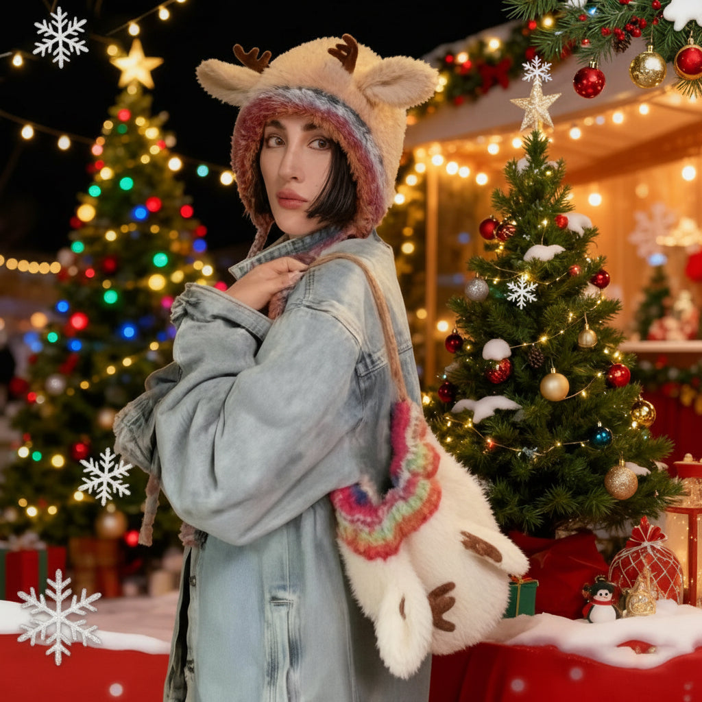 Women Christmas Knit Beanie Warm Reindeer Winter Hat