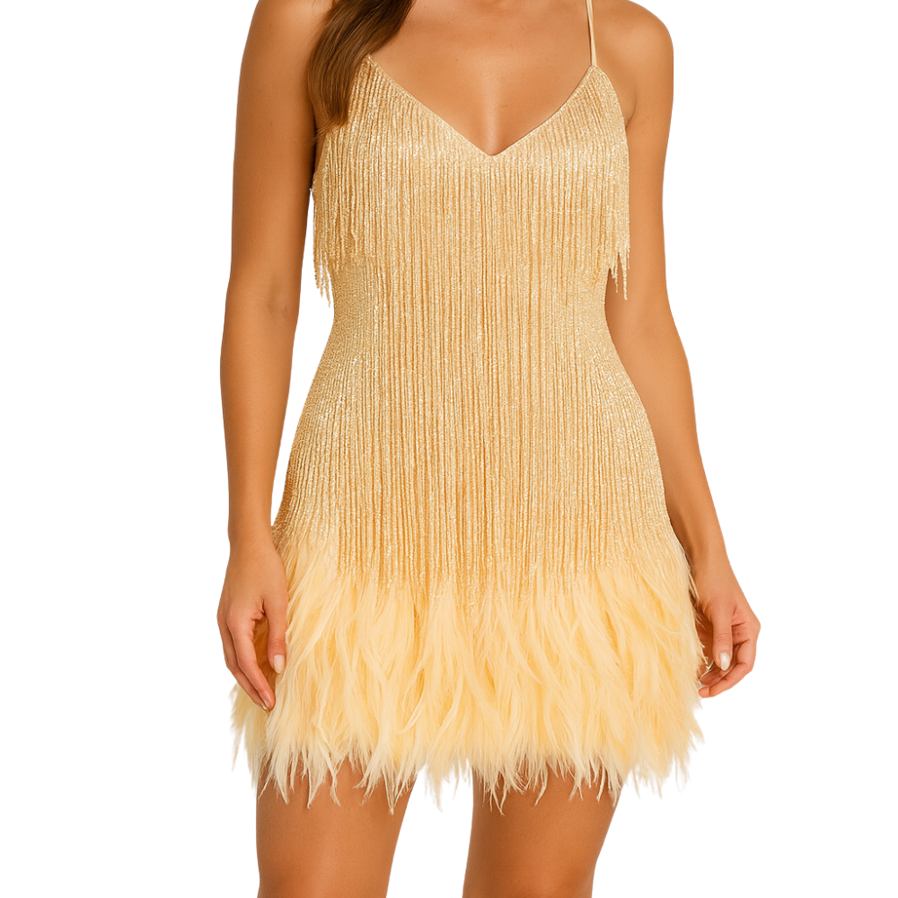 Robe de cocktail à plumes et sequins pour femme | Robe de soirée courte