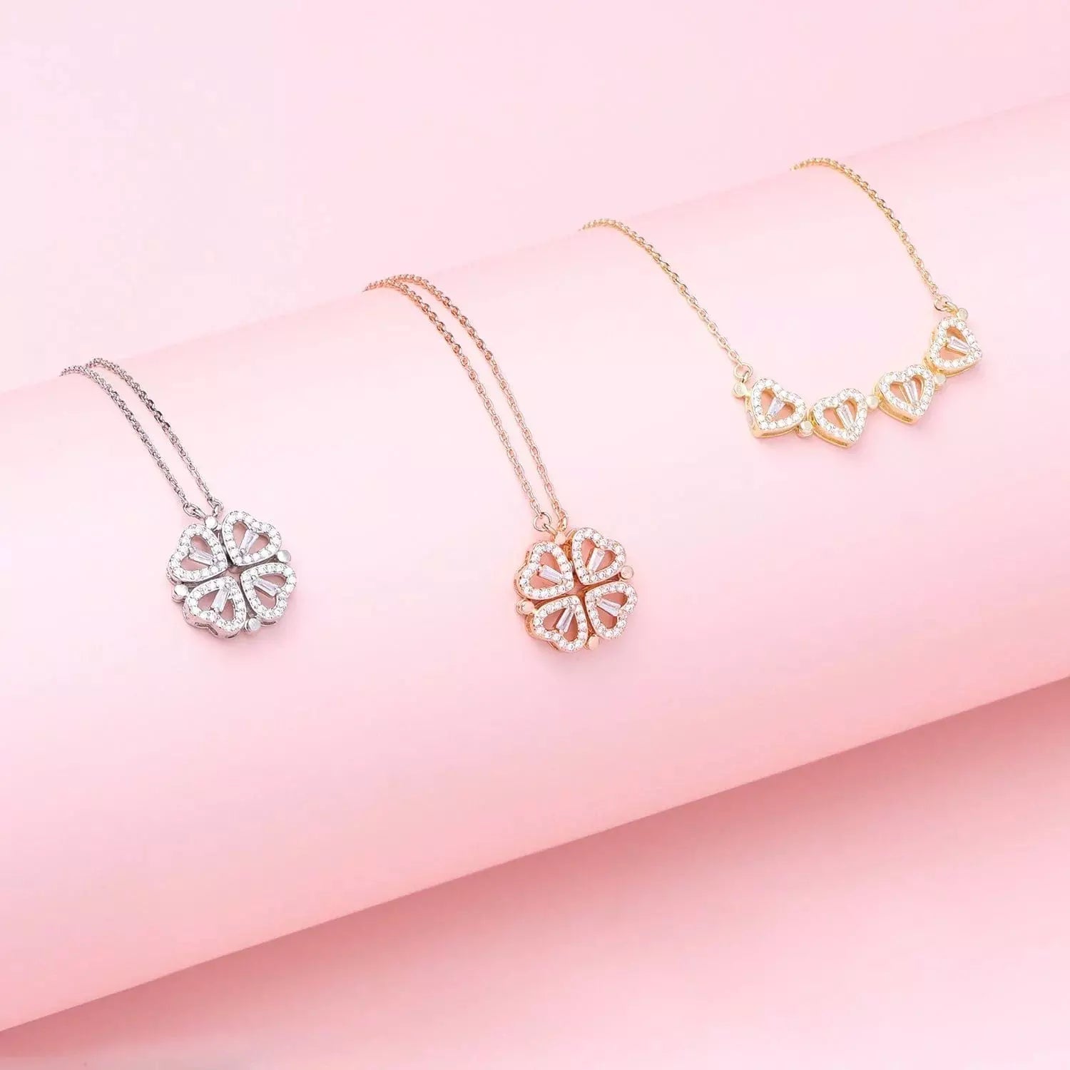 2-in-1 Heart Clover Necklace Stainless Steel Sparkling Zirconia Jewelry 2