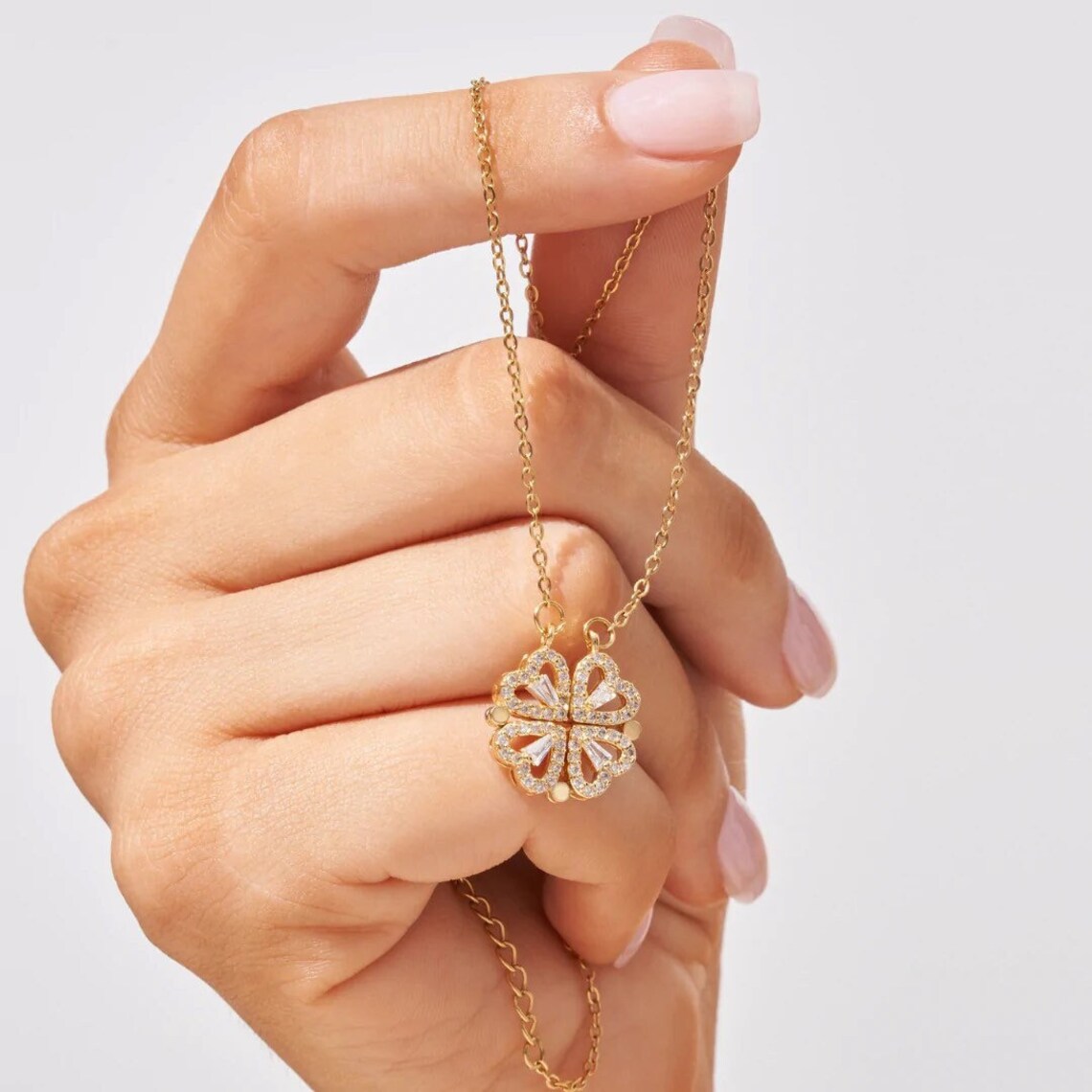 2-in-1 Heart Clover Necklace Stainless Steel Sparkling Zirconia Jewelry 5