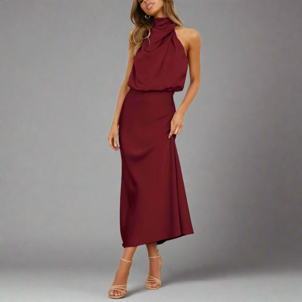 Women’s Satin Halter Neck Formal Dress | High Neck Midi