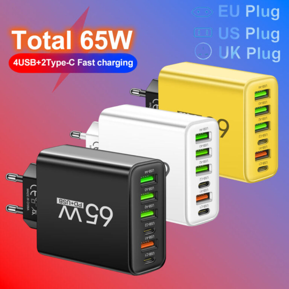 65W Fast Charger Hub for 6 Devices Home Office Travel 1