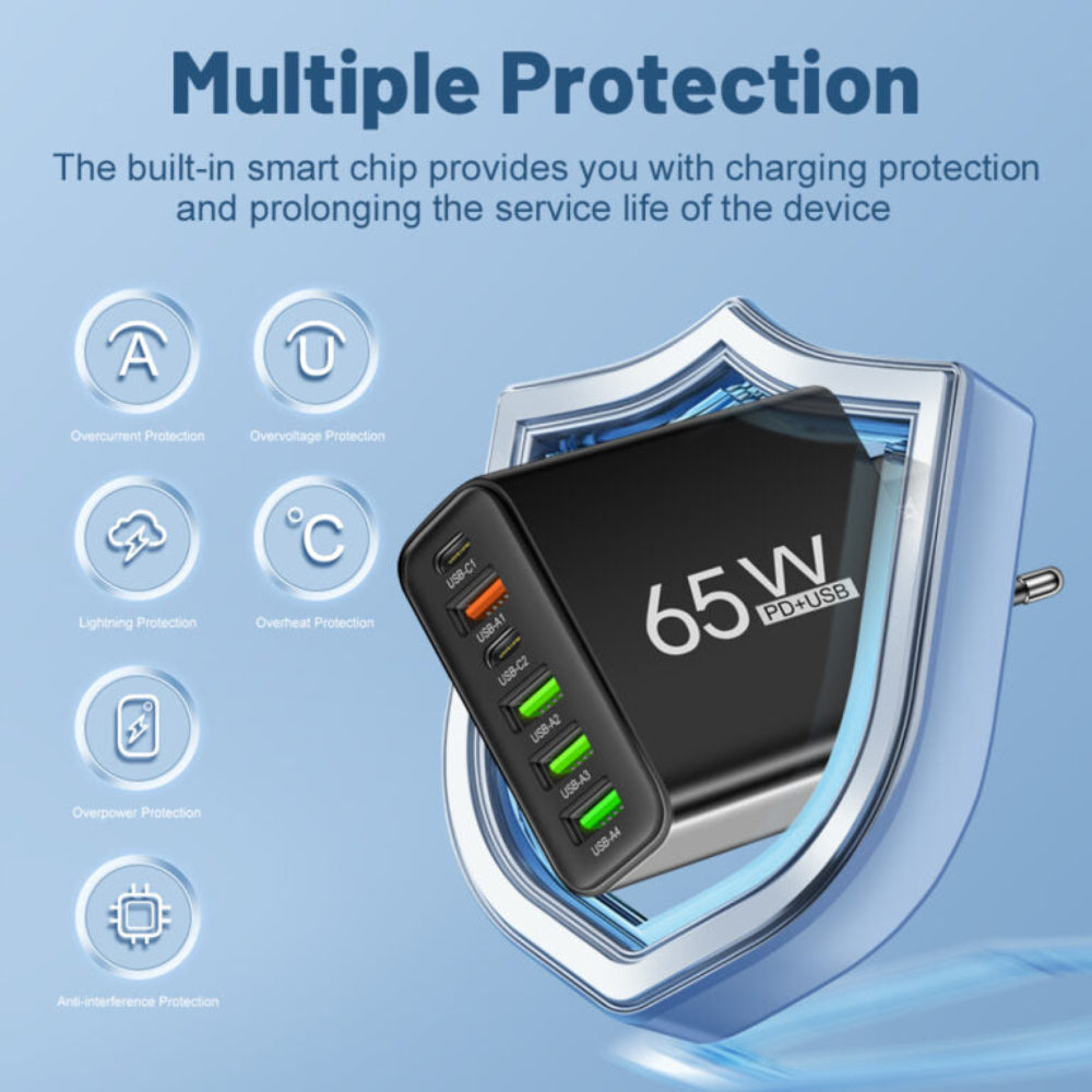 65W Fast Charger Hub for 6 Devices Home Office Travel 6