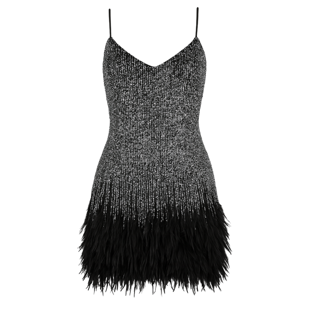 Robe de cocktail à plumes et sequins pour femme | Robe de soirée courte