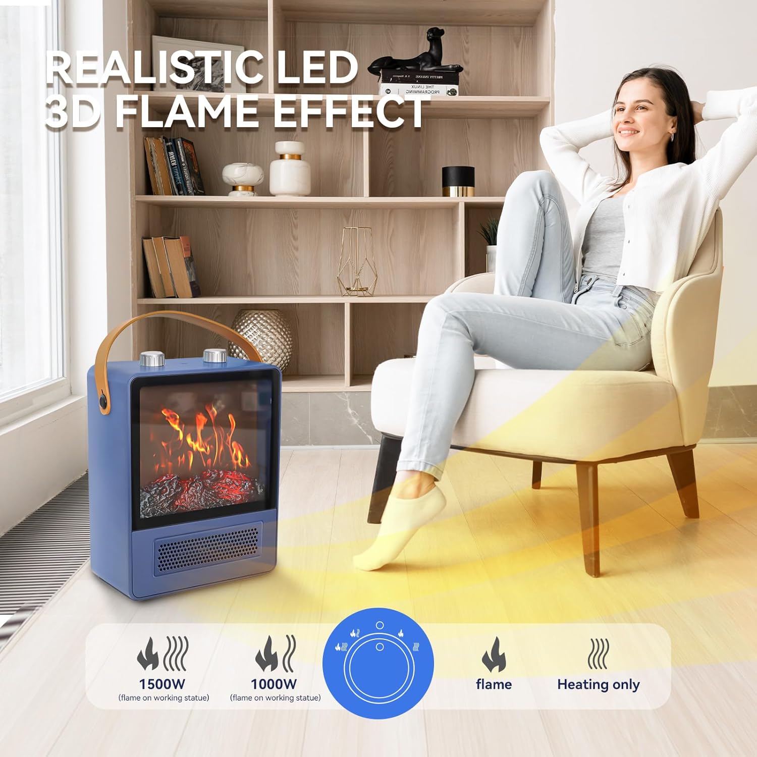 Portable Electric Fireplace Heater 1500W 3D Flame Effect
