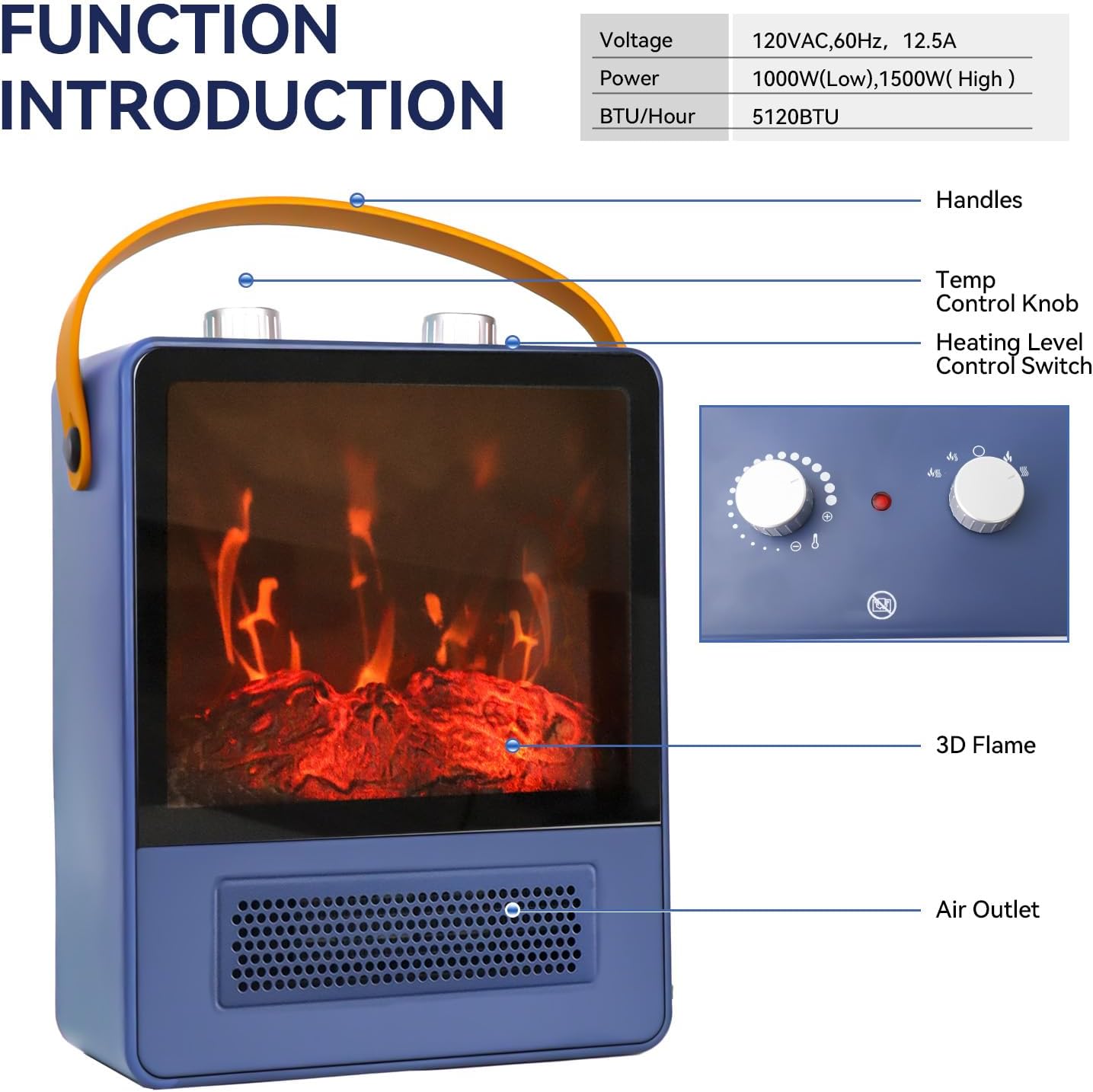 Portable Electric Fireplace Heater 1500W 3D Flame Effect