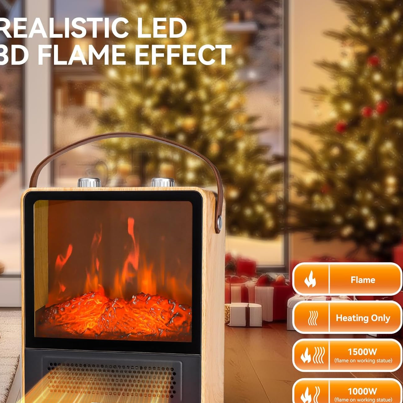 Portable Electric Fireplace Heater 1500W 3D Flame Effect