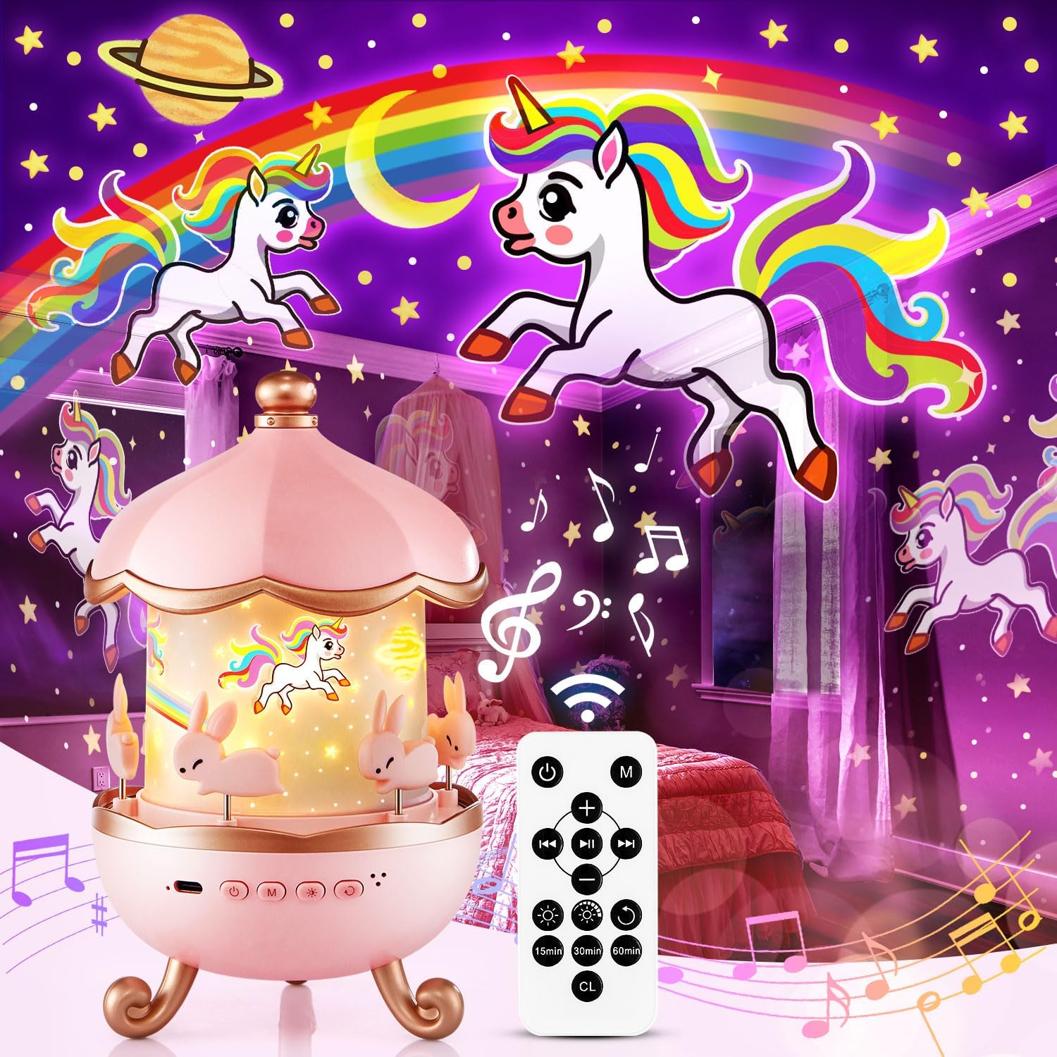 Gift Night Light Projector Kids Unicorn Star LED Bedroom Lamp