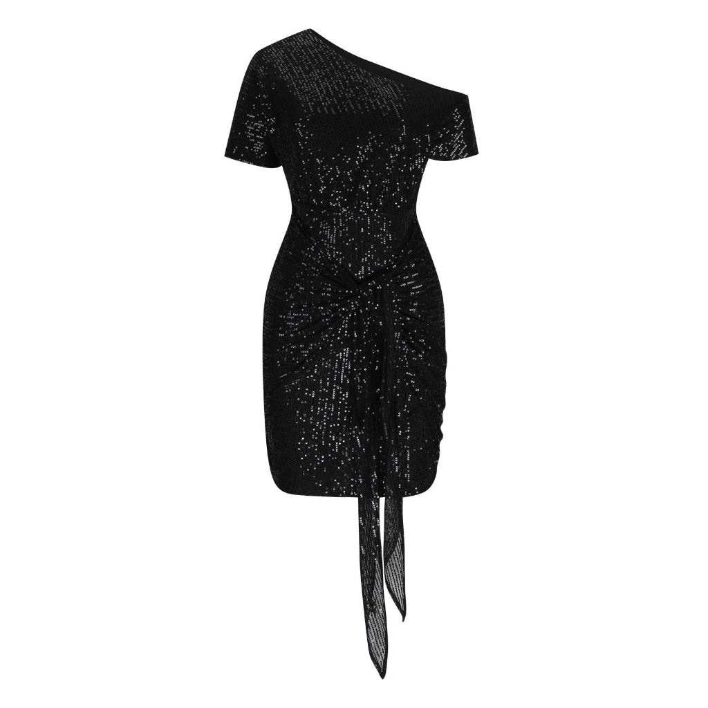 Women Sequin Cocktail Dress One Shoulder Party Midi