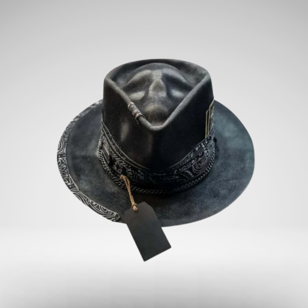 Men's Gothic Distressed Leather Cowboy Hat | Skull Embossed