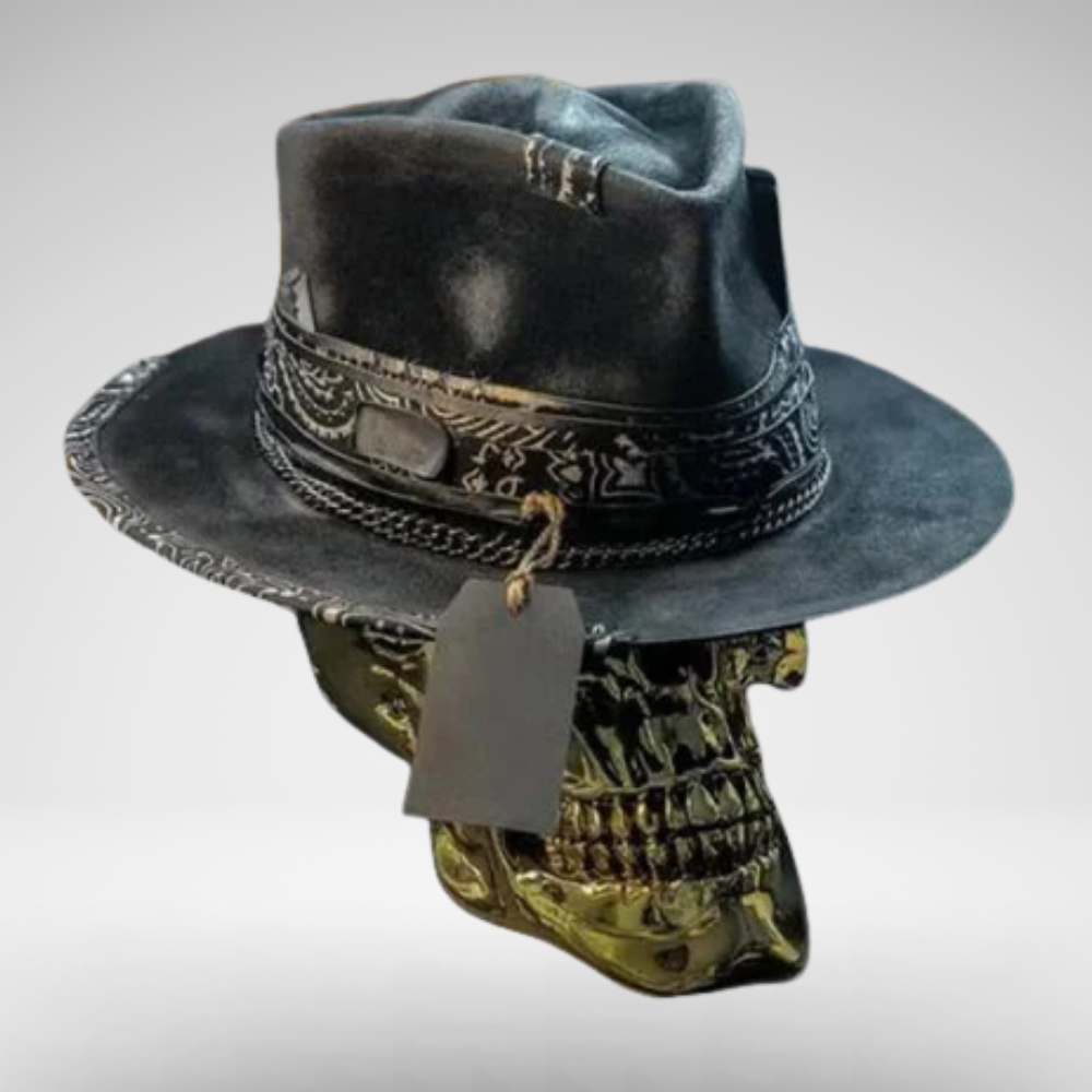 Men's Gothic Distressed Leather Cowboy Hat | Skull Embossed