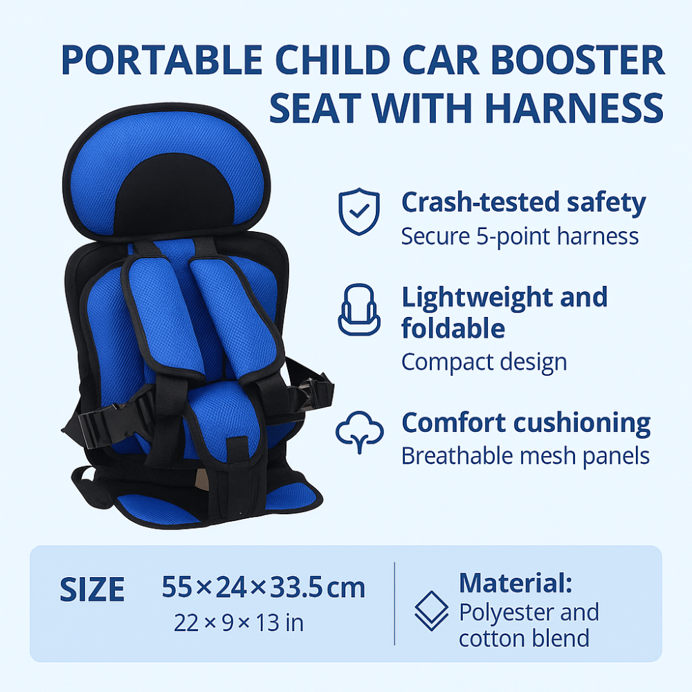 Child Car Booster Seat with Harness – Portable Foldable Travel Safety Seat