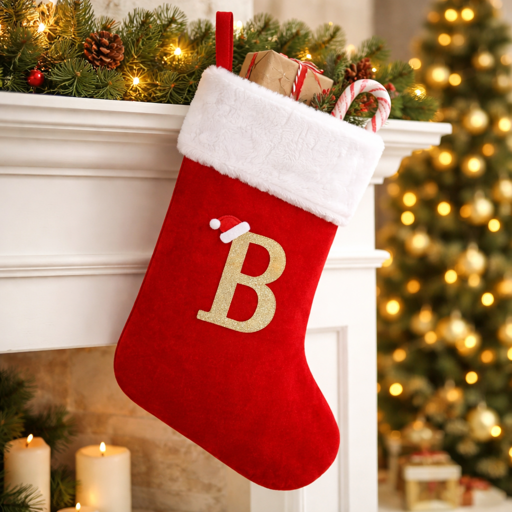 Christmas Stocking Monogram Red Velvet Plush Cuff Hanging Decor