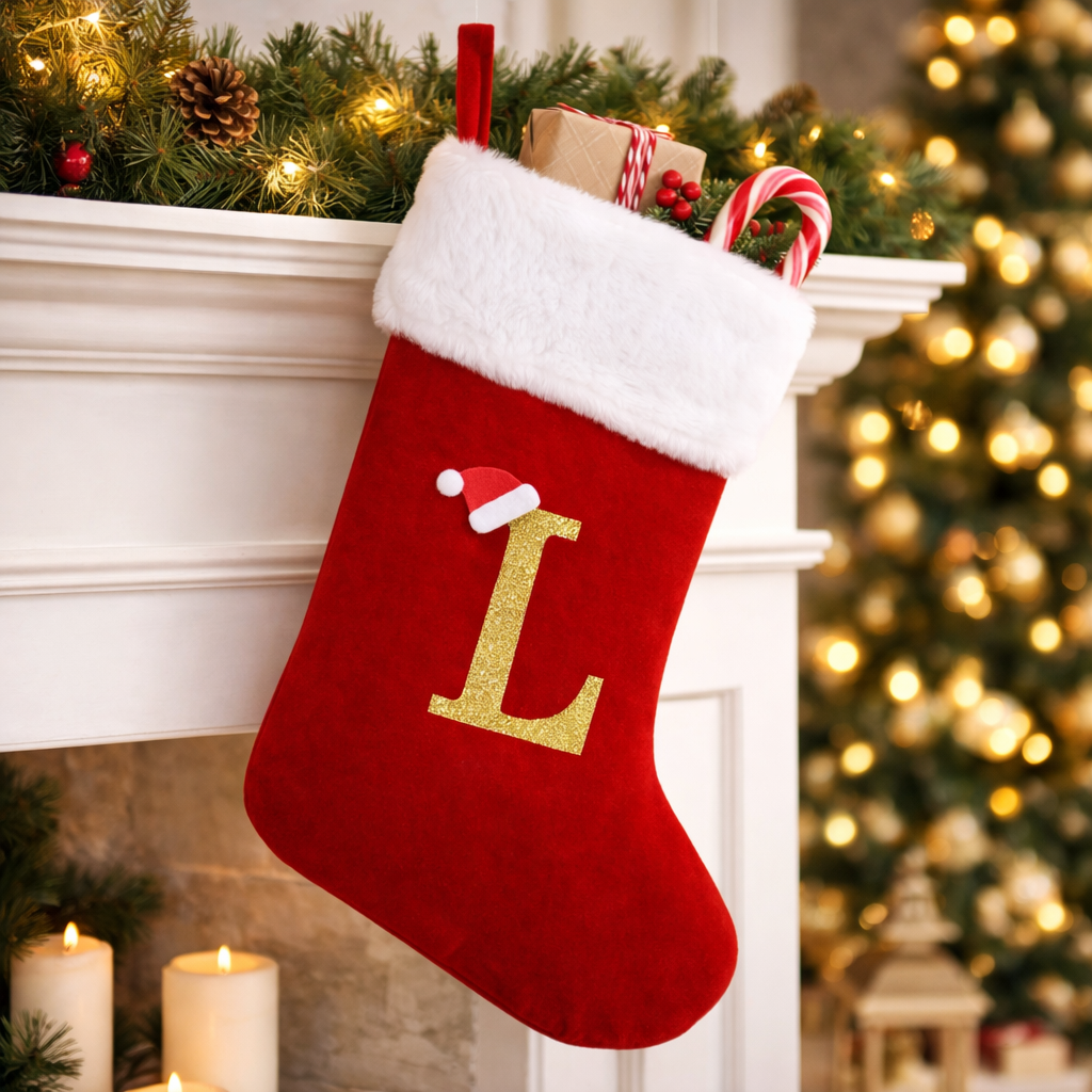 Christmas Stocking Monogram Red Velvet Plush Cuff Hanging Decor