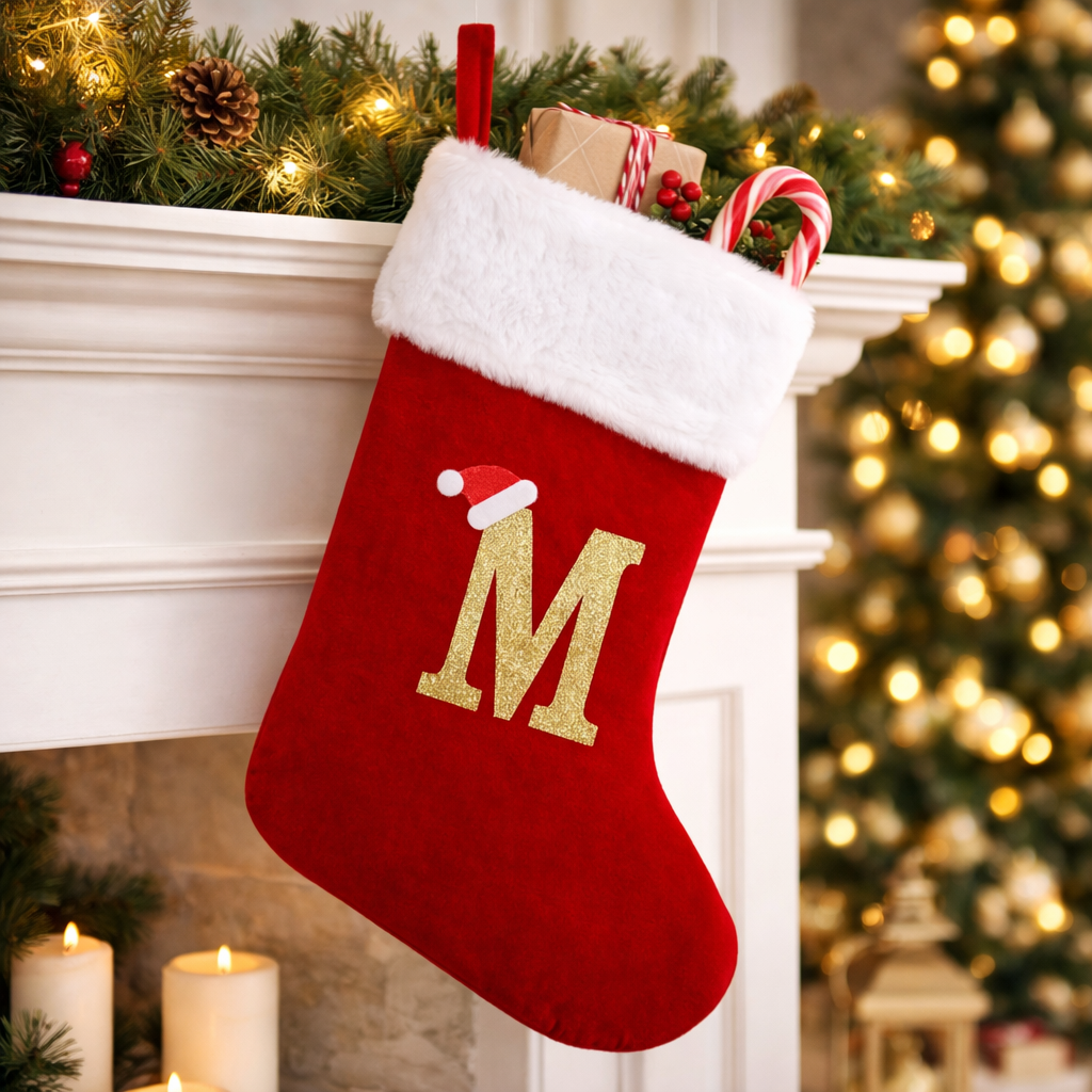 Christmas Stocking Monogram Red Velvet Plush Cuff Hanging Decor