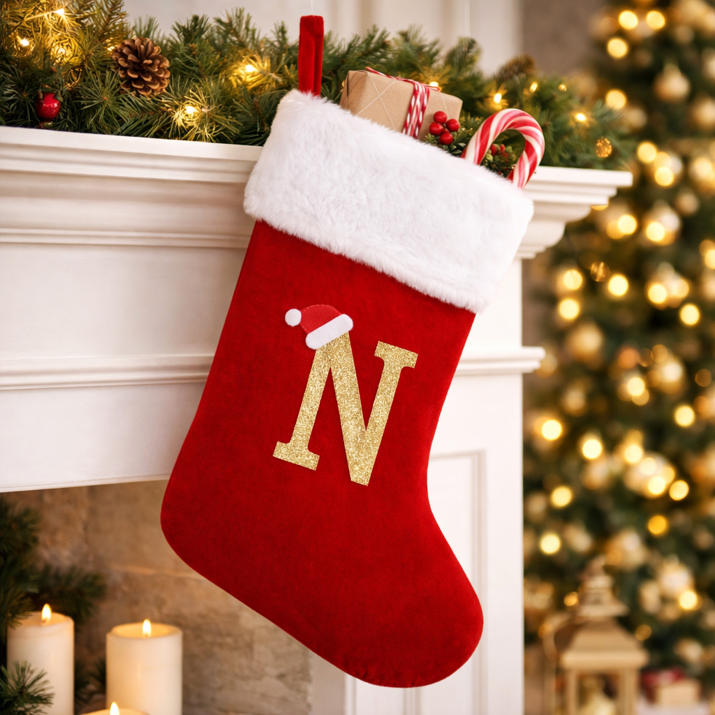 Christmas Stocking Monogram Red Velvet Plush Cuff Hanging Decor