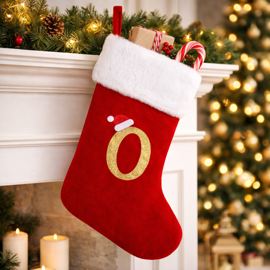 Christmas Stocking Monogram Red Velvet Plush Cuff Hanging Decor