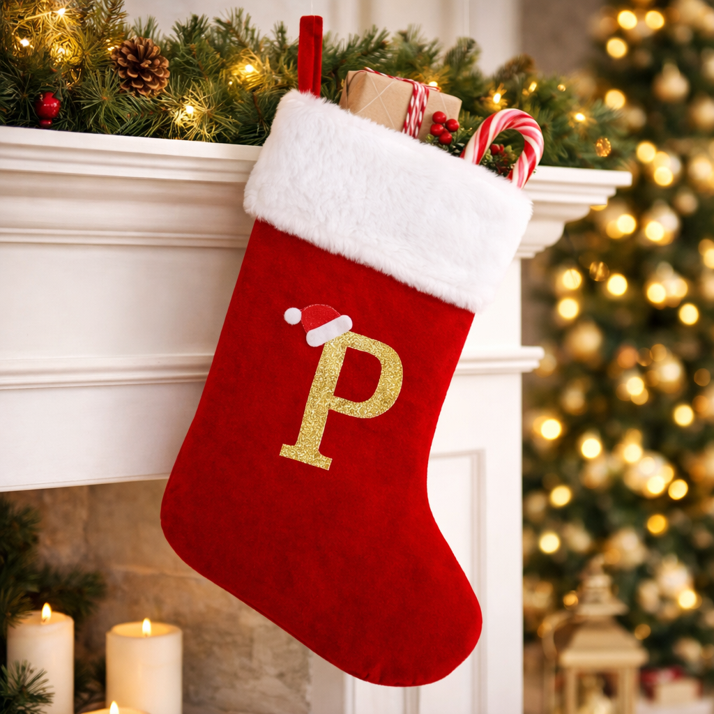 Christmas Stocking Monogram Red Velvet Plush Cuff Hanging Decor