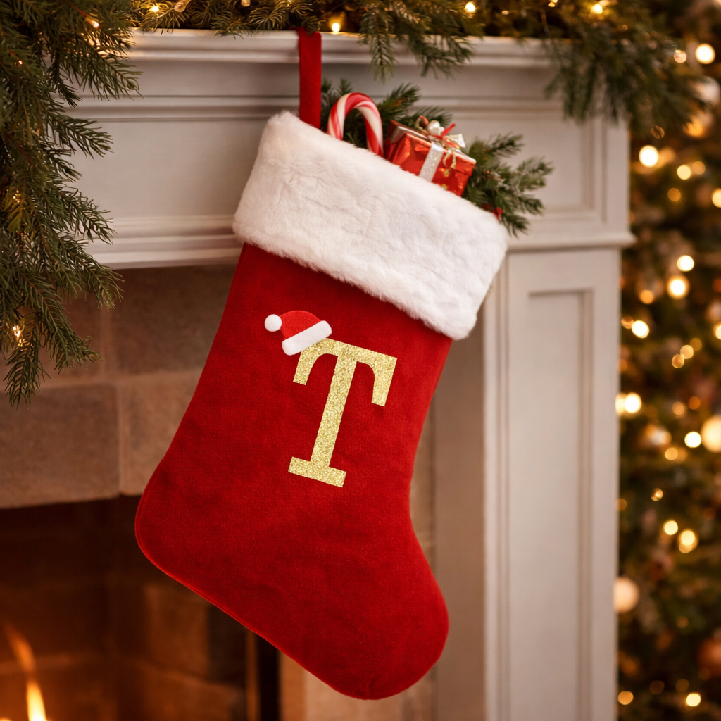 Christmas Stocking Monogram Red Velvet Plush Cuff Hanging Decor