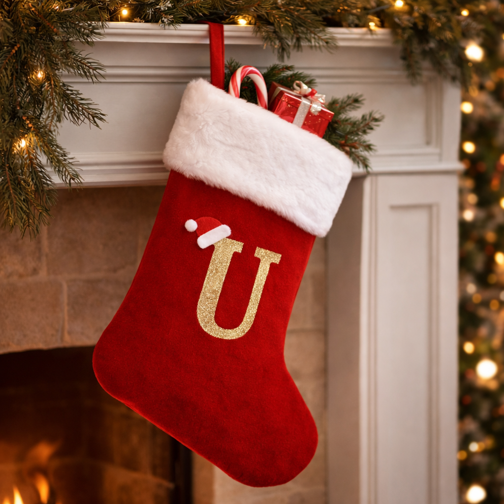 Christmas Stocking Monogram Red Velvet Plush Cuff Hanging Decor