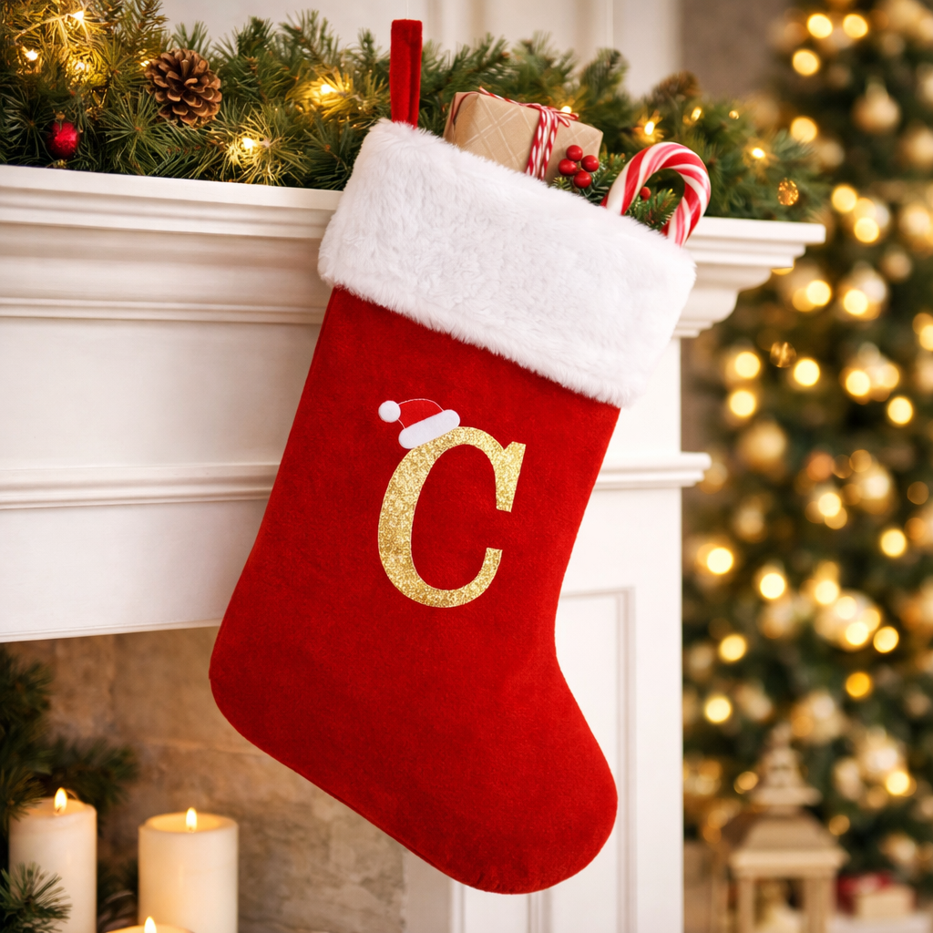 Christmas Stocking Monogram Red Velvet Plush Cuff Hanging Decor