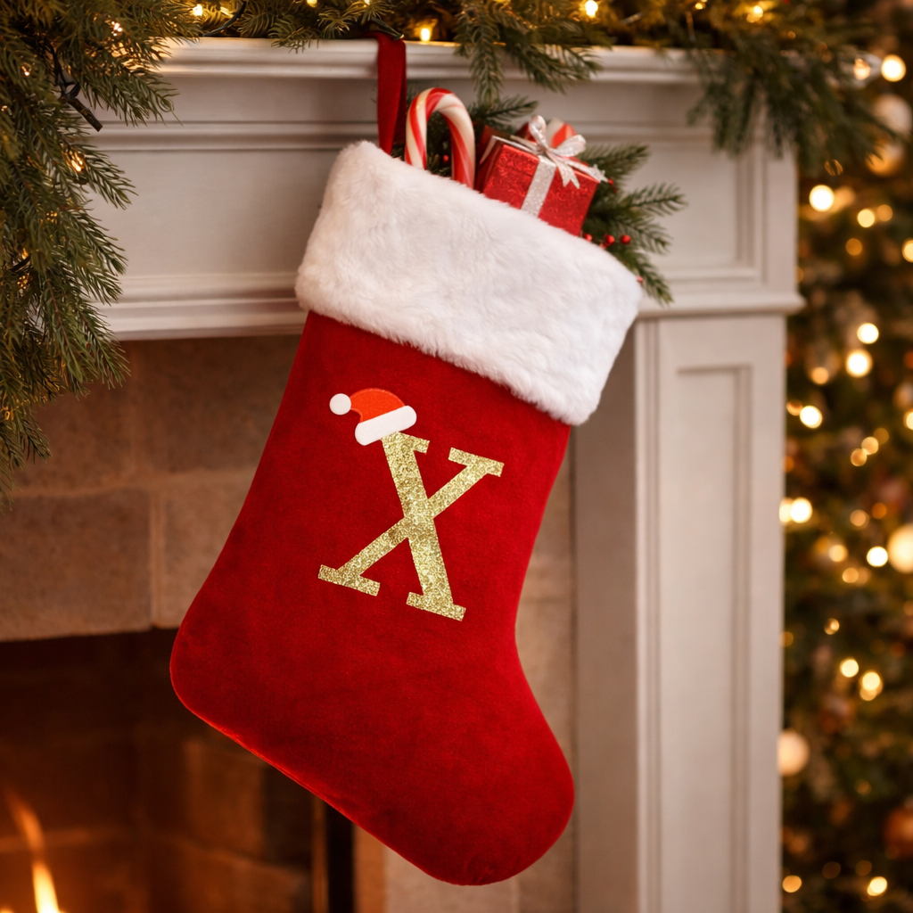 Christmas Stocking Monogram Red Velvet Plush Cuff Hanging Decor