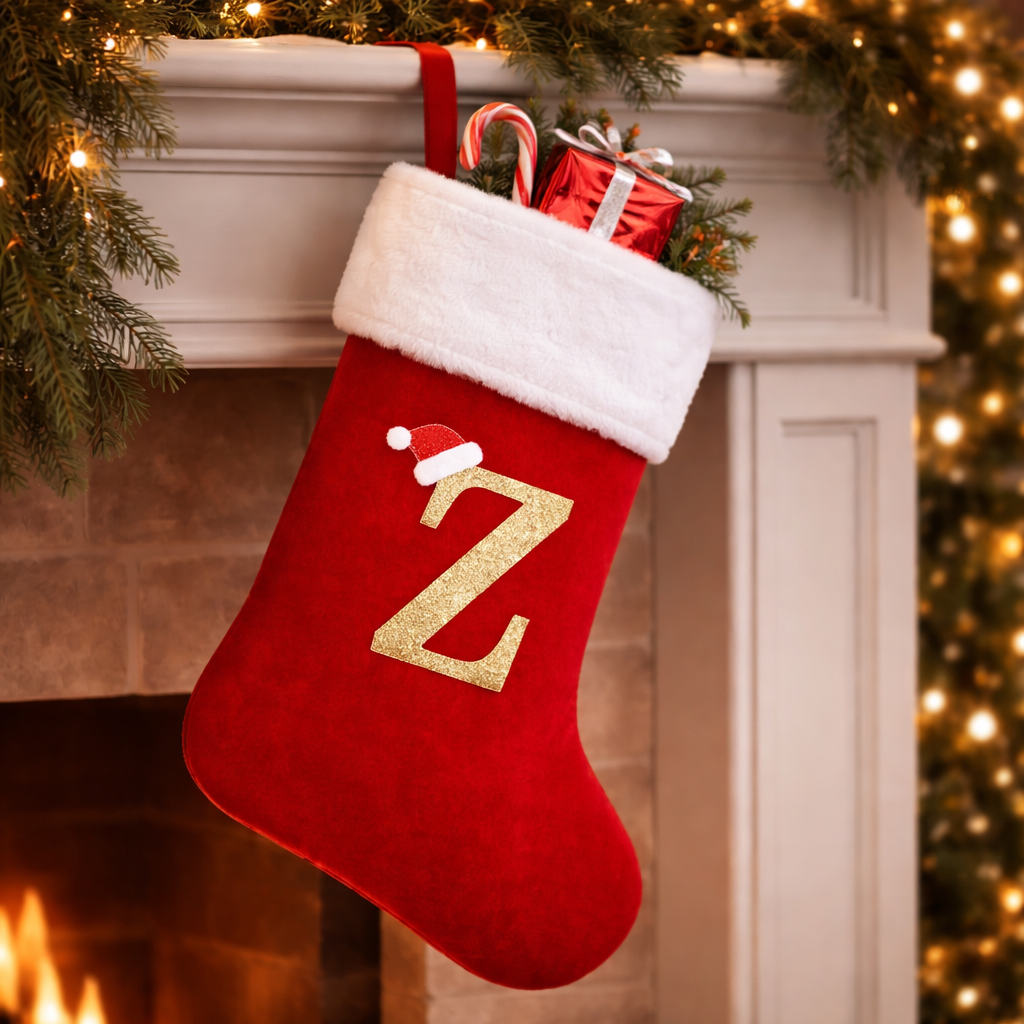 Christmas Stocking Monogram Red Velvet Plush Cuff Hanging Decor