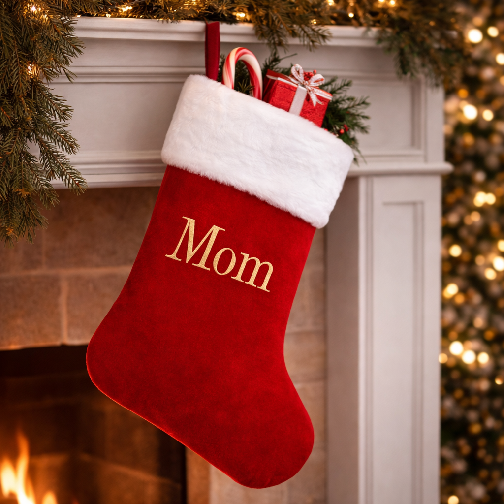 Christmas Stocking Monogram Red Velvet Plush Cuff Hanging Decor