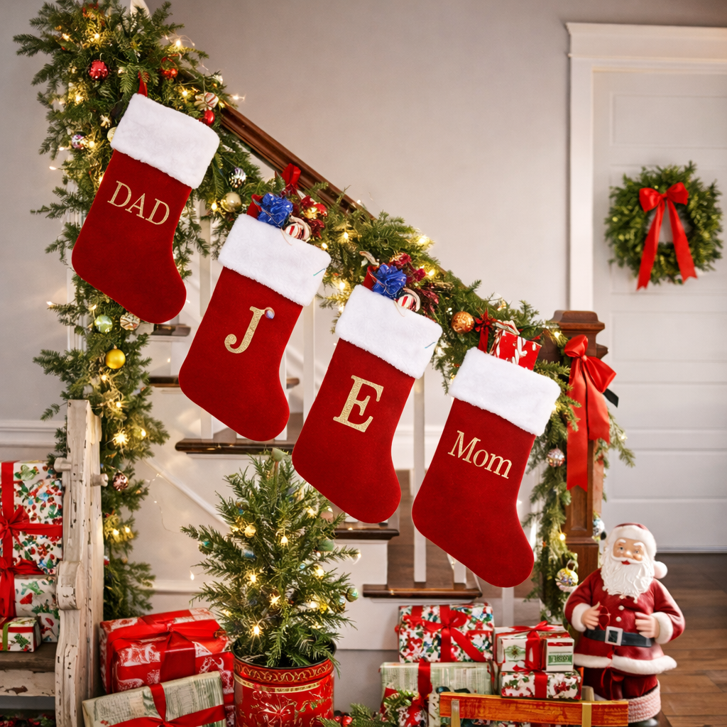 Christmas Stocking Monogram Red Velvet Plush Cuff Hanging Decor