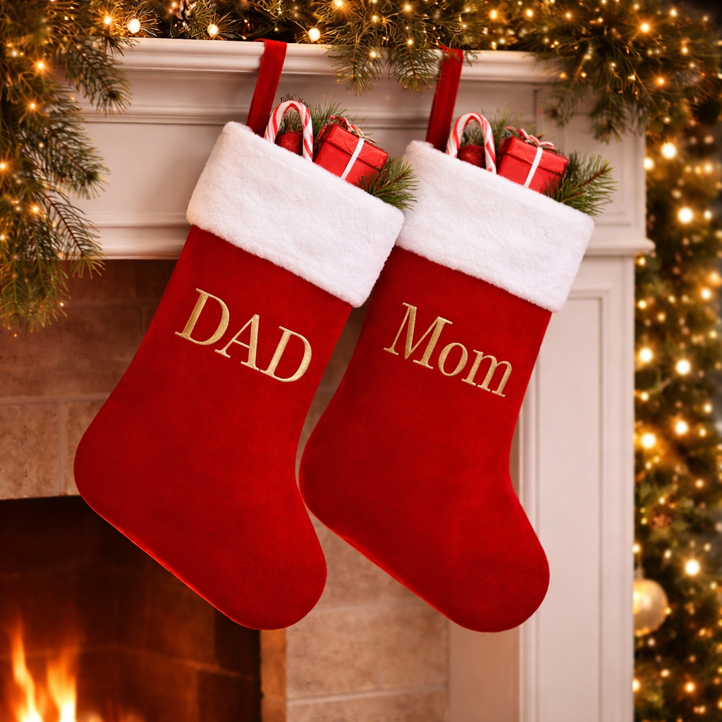 Christmas Stocking Monogram Red Velvet Plush Cuff Hanging Decor