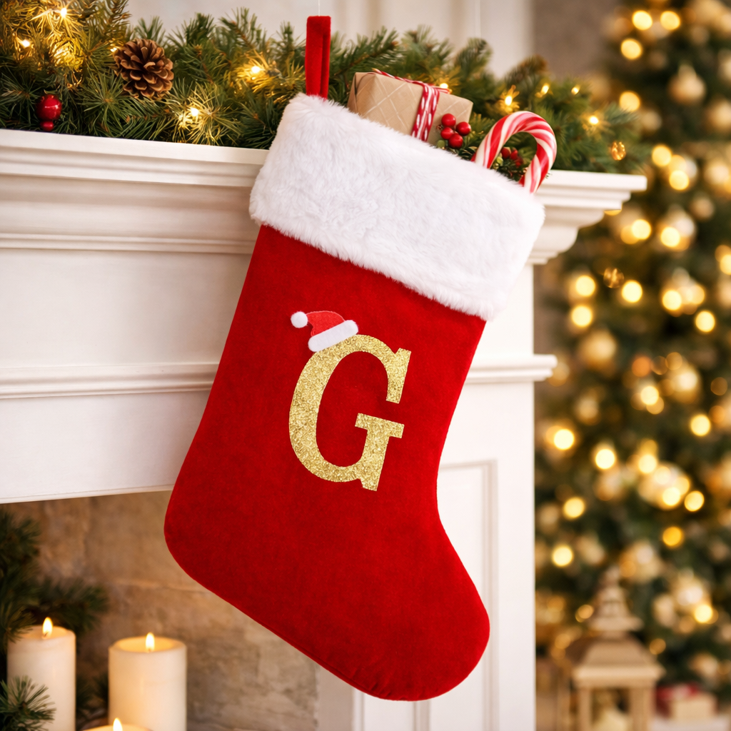 Christmas Stocking Monogram Red Velvet Plush Cuff Hanging Decor