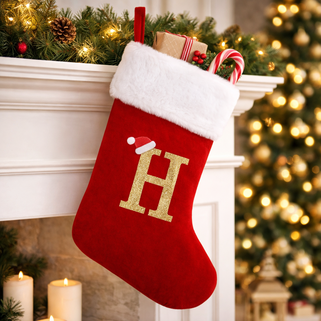 Christmas Stocking Monogram Red Velvet Plush Cuff Hanging Decor