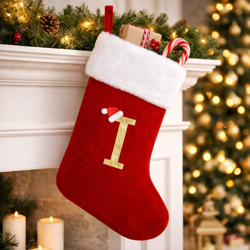 Christmas Stocking Monogram Red Velvet Plush Cuff Hanging Decor