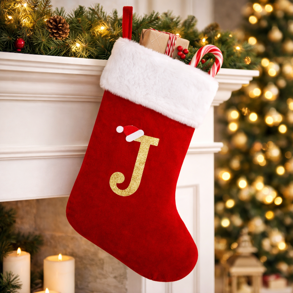 Christmas Stocking Monogram Red Velvet Plush Cuff Hanging Decor