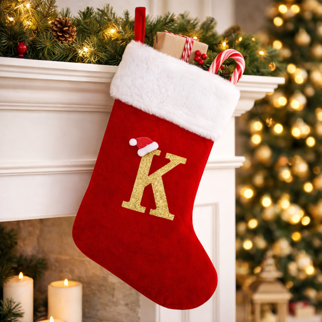 Christmas Stocking Monogram Red Velvet Plush Cuff Hanging Decor