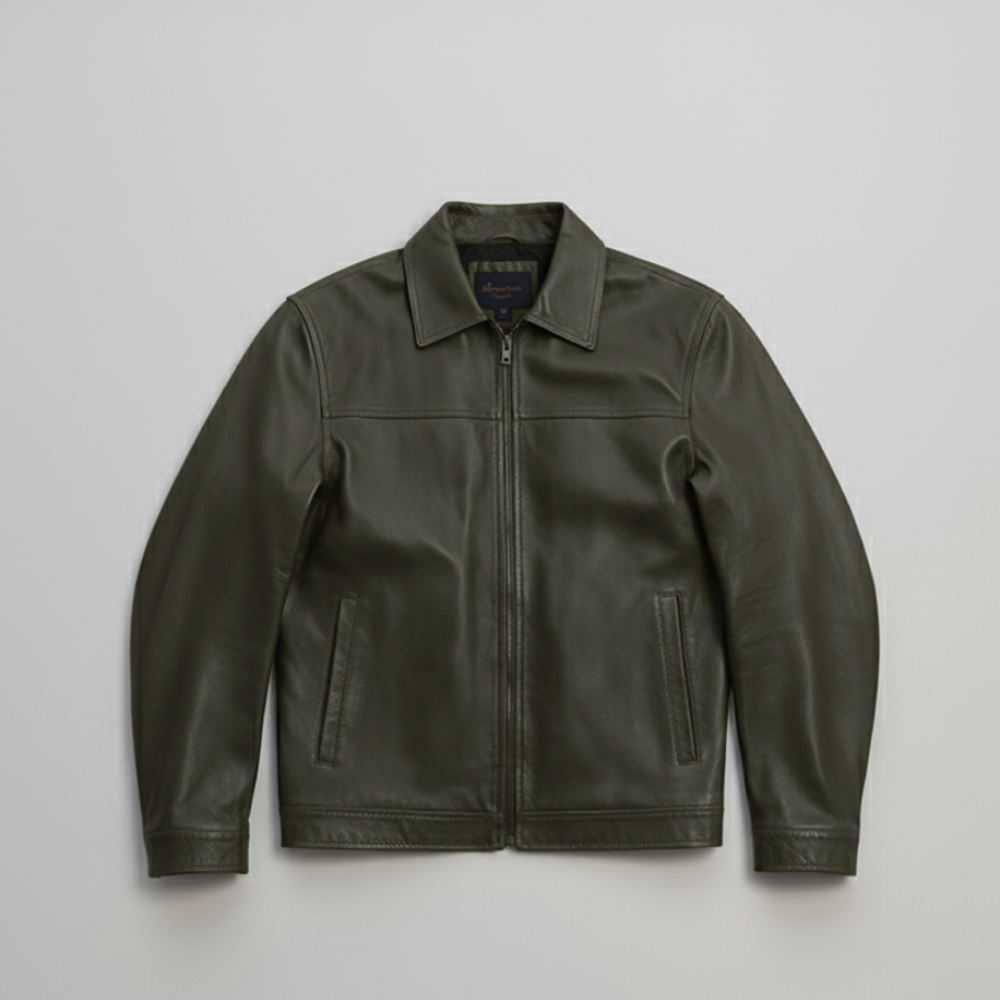 Men's Bomber Leather Jacket - Lightweight Zip-Up