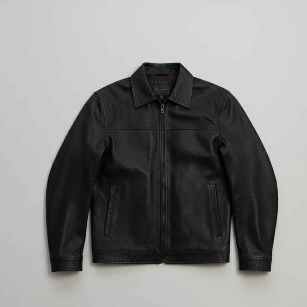 Men's Bomber Leather Jacket - Lightweight Zip-Up