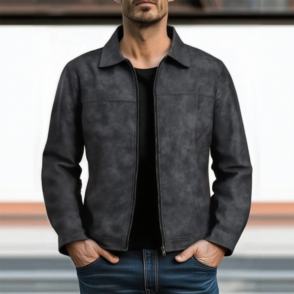 Men's Bomber Leather Jacket - Lightweight Zip-Up