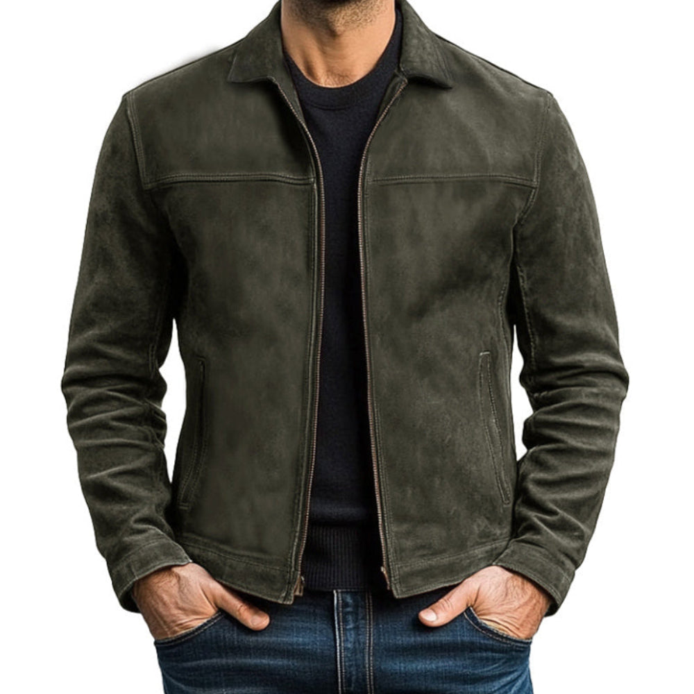 Men's Bomber Leather Jacket - Lightweight Zip-Up