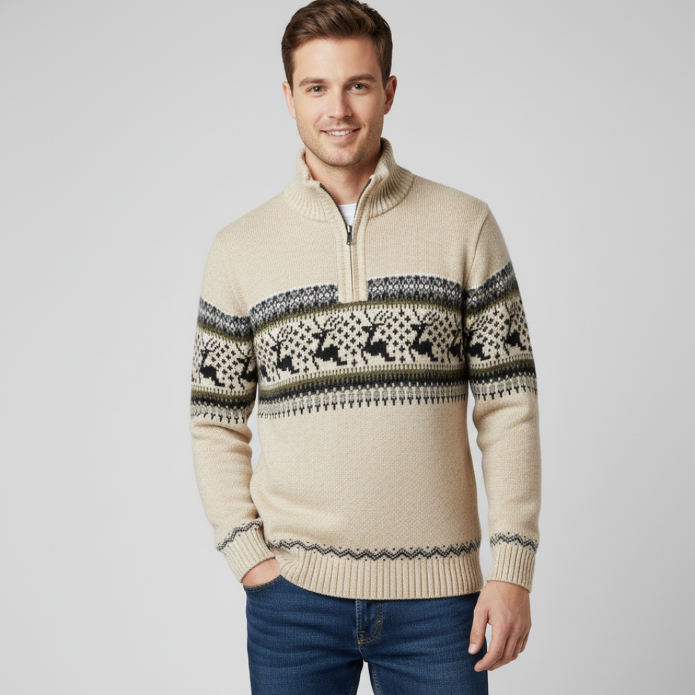 Men's Christmas Knit Sweater - Zipper Long Turtleneck